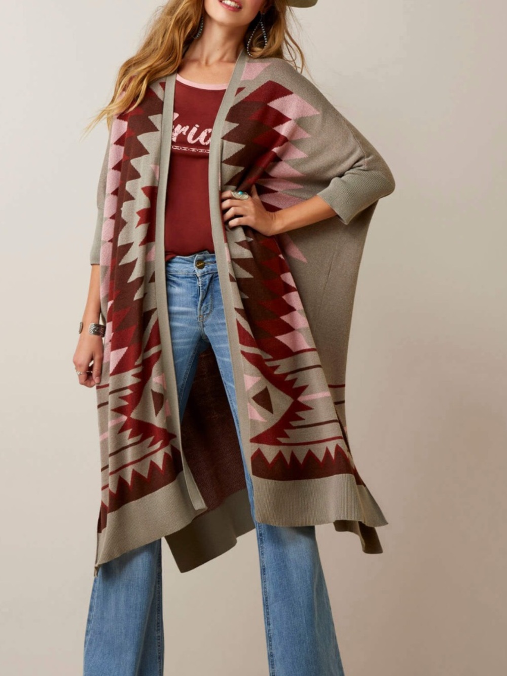 Ariat Serape Taupe Open-Front Aztec Cardigan with Burgundy & Pink Accents